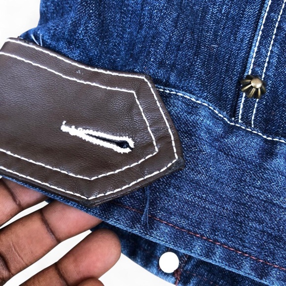 RARE Double D Ranch Bull Denim Leather Patchwork Jacket Western Blue Brown Rodeo - Picture 11 of 11